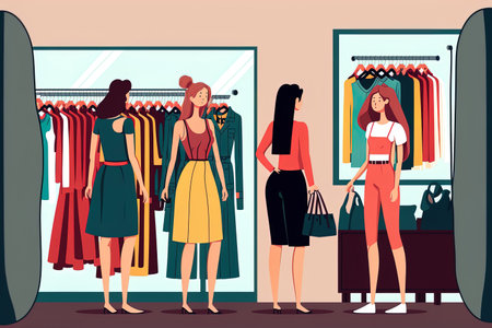 Women shopping for fashionable items at a boutique or clothing store. Female shoppers make contemporary clothing purchases at the store. mass market and fast fashion. artwork of a flat cartoonの素材
