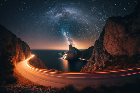 A view of the Milky Way rising above a lit up road with light trails from the Far de Formentor lighthouse on Mallorca Spainの素材