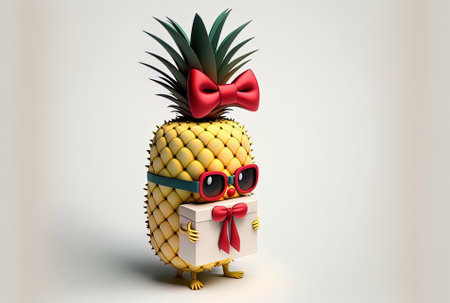 On a white backdrop a cute cartoon hipster pineapple figure mascot holds a gift box with a red ribbon.の素材