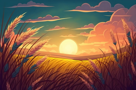 Scene of sunset or sunrise on the field with young rye or wheat in the summer with a cloudy sky background. Landscapeの素材