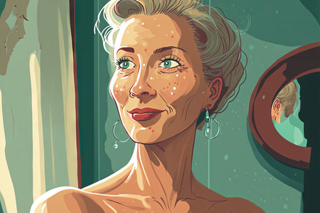 A stunning middle aged Caucasian woman enjoys her appearance as she gazes into the bathroom mirror. Concept for Organic Skin Care Products Natural Beauty and Happinessの素材