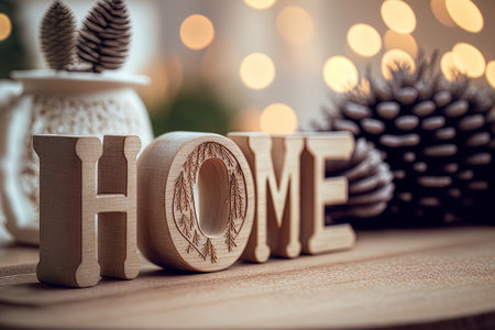 A close up of a beautiful wooden word that reads home against a hazy background shows the holiday decorations in detailの素材