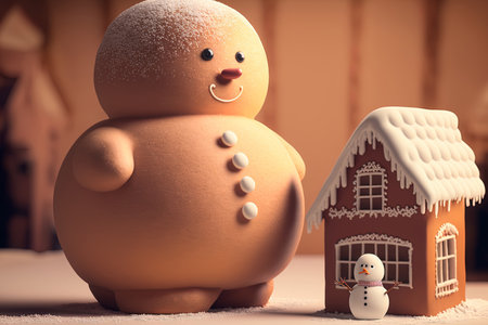 A close up of a sugar candy snowman standing next to a large gingerbread home. mockup for holiday cards and special offersの素材