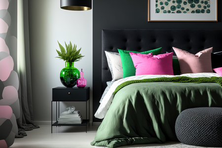 A contemporary glass vase in a bedroom with a double bed wool blanket and vibrant pillows in the backdropの素材