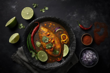 A dark slate tabletop holds a bowl of Macher Jhol. Indian food Indian Fish Curry. Asian cuisine and food. a top viewの素材
