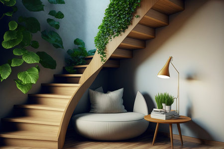 A comfortable reading nook in your house features a tiny contemporary armchair and a coffee table of a comparable size. Simple and enhanced with homegrown greenery it is situated beneath wooden stepsの素材