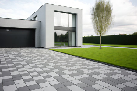 A brand new home with an empty parking lot made of cobblestones. a picture of a lawn with green grass in a contemporary houseの素材