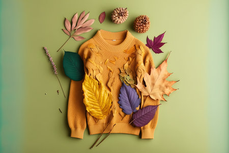 Arrangement for autumn Autumn foliage and sweater on a colourful backdrop Anime style flat lay top view copy spaceの素材