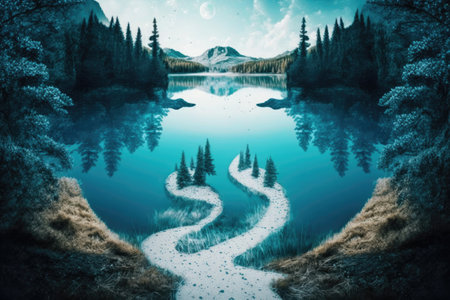 A lake formed by human footprints in the midst of a verdant forest stands as a metaphor for the destruction of natural habitatsの素材