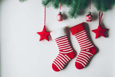 Background of Christmas. Christmas fir tree and red socks for the holidays on a white hardwood backgroundの素材