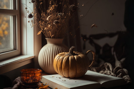 Autumnal ambiance Pumpkin shaped cup pumpkin books and dried grass in a basket on a ledge represent the fall season and are a comfortable composition in anime style for Halloween and Thanksgivingの素材