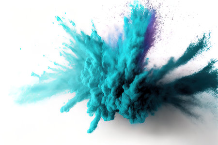 Abstract background with blue powder splatters freeze motion of color powder exploding throwing and color glitter texture on whiteの素材