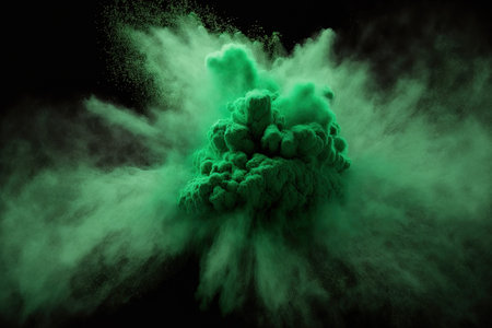 Abstract dust explosion in motion frozen in green on a dark background. Stop the green powder on the black background from moving. Green powder for explosives on a dark backgroundの素材