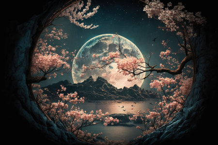 Beautiful cherry blossoms (sakura blooms) in a romantic nighttime landscape under a full moon. fantasy inspired art in a tone of old colorsの素材