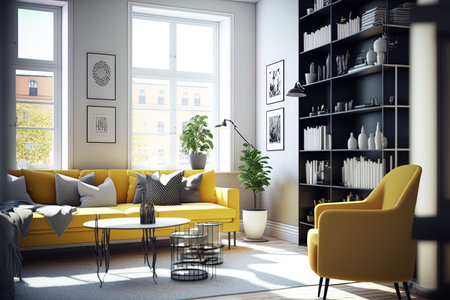Apartment with contemporary decor and large windows. Couch coffee tables bookshelf and armchairs in a cozy living room. home in Scandinavia. Yellow colored room accessoriesの素材