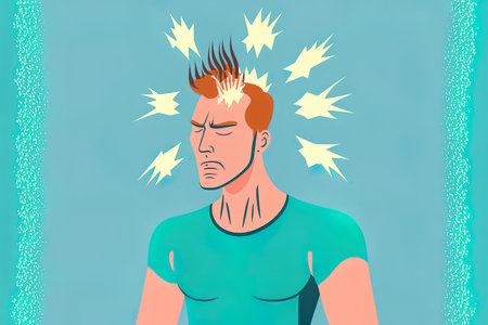 Concept of dandruff and itchy scalp. Stressed out and agitated guy standing with itchy scalp feeling unwell and scratching hair illustrationの素材