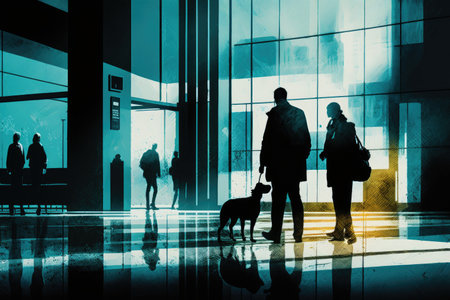 Background is obscured in this abstract image of individuals and a security officer walking a dog in the lobby of a contemporary business complexの素材
