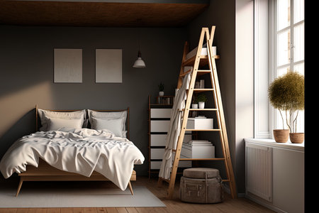 Bedroom with step ladder done in wood and white with a storage shelf beneath the mattress Interior Scene and Mockupの素材