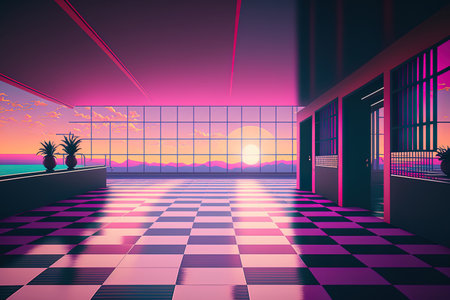 Beautiful artwork of a neon sky setting and a checkered tile floor with a summery purple pink and green moodの素材