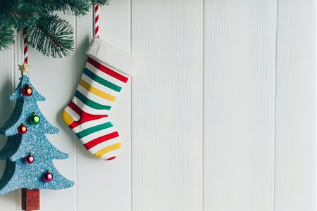 Background of Christmas. Christmas fir tree and holiday stockings against a background of a white wooden board with copy spaceの素材