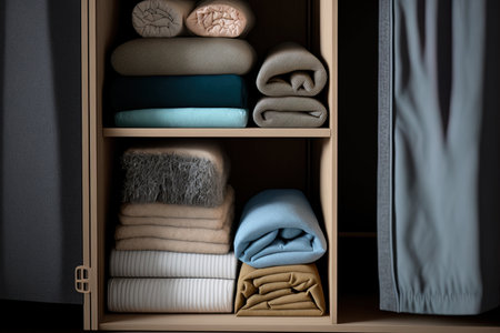 Cleanly folded linen is stored on shelves in a closet organizer with a drawer divider made of eco friendly straw. towels cushions and soft sheets stacked together cabinet stuffing for beds Nordic baの素材