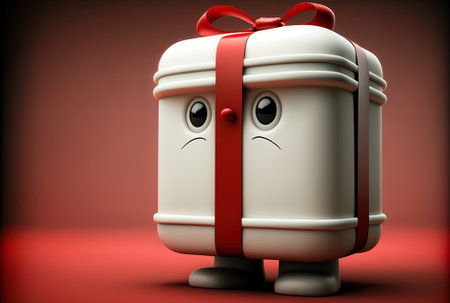 Character mascot with white present box and red ribbon in extreme closeup in front of police lineup or mugshot background.の素材