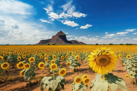 Beautiful sunflower flower blooming in sunflowers field with white cloudy and blue sky. Popular tourist attractions of Lopburi province. flower field on winter seasonの素材