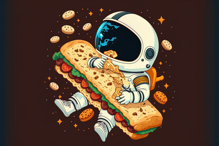 Cartoon symbol of a cute astronaut eating a sandwich in space that is isolated and has a flat cartoon styleの素材