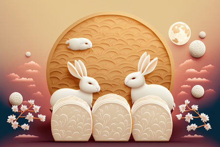 Banner with an Asian mooncake bakery motif. A group of adorable white rabbits make delicious moon cakes to commemorate the festival. Happy mid autumn holiday in translationの素材