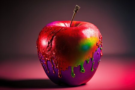 Concepts of fake food coloring fraud and fake food. An apple is painted by hand in artificial red paint or colorの素材