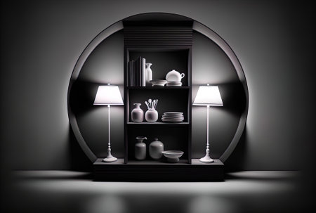 Black studio room background used as a montage for the product display in a product demonstration with a spotlightの素材