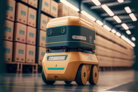 Automated retail warehouse AGV robots delivering cardboard boxes in a distribution logistics center is a futuristic technology concept. Automated Guided Goods Products and Packages Vehiclesの素材