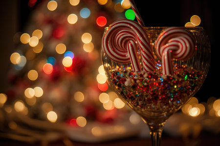 Bokeh of a lighted Christmas tree and garlands in a crystal wine glass filled with red striped heart shaped lollipops. The winter break was a lot of fun. feeling of celebration that comes with the Newの素材