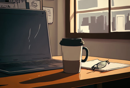 Close up of a laptop and a throwaway coffee cup on a desk in a startup environment. hot beverage on a table in an empty office. On the computer and furniture drink from a plastic cupの素材
