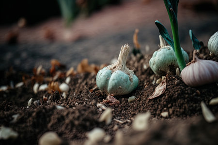 Close up of garlic grown in the ground. Garlic cloves being planted in the garden. the idea of planting in the spring or fallの素材