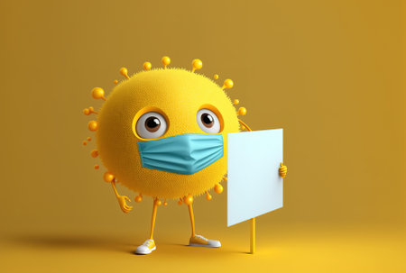 Cartoon coronavirus covid 19 mascot figure with a yellow backdrop and a white blank banner with space for your customizationの素材