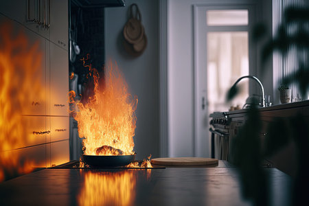 Fire explosion with red flames of fire in the kitchen in a living room with a blurred background prevention. Safety banner. High quality photoの素材