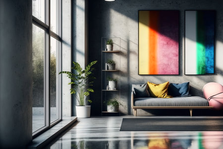 Bright contemporary interior elements window light and a concrete wall and floor with reflection make up the modern interior design of an apartment home or officeの素材