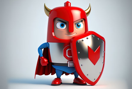 Character mascot with a red metal shield of protection and a battery that may be recharged on a white backdropの素材