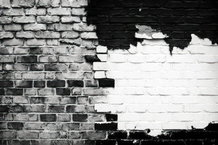 Black white plaster on cement gypsum painted wall. Calm exterior city facade. Coarse grunge worn blocks background. Uneven overlay surface of stone structure.Retro washed shabby texture for designの素材