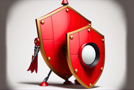 Characterized red metal shield of protection with a white background and a tripod system for a DSLR or video cameraの素材