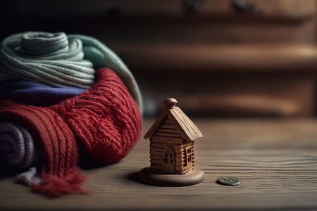 Coins on a wooden table with a miniature house wrapped in a crimson scarf. the idea of passive heating in homes. insulation against heat loss in a building or residence. energy emergencyの素材
