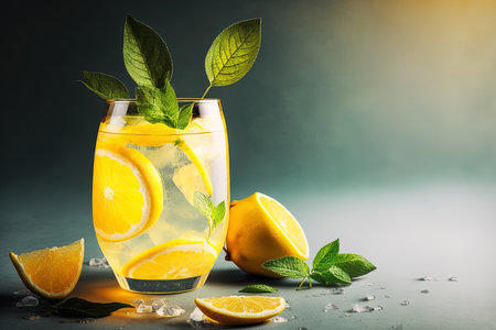 Fresh lemon soda made from lemonade. Cocktail with ice lemon and mint on a textured light backdrop. Summertime cool beverages ideaの素材