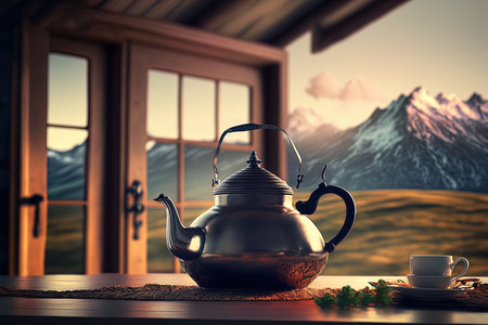 At the morning a teapot is laid on a table with a mountain view in a rural house or homestay. Concept of vacation journey and excursionの素材