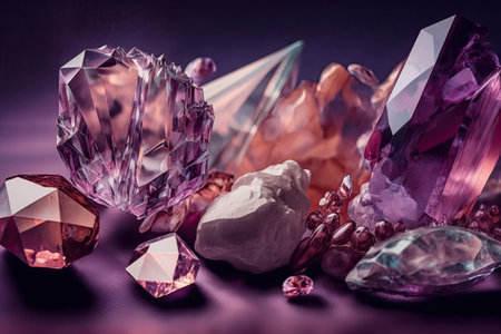 Crystals with a rosy amethyst hue. Gems. Crystals of minerals found in their native settings. Gemstones and other precious and semiprecious materials. Copy space tinted like the reflective surface ofの素材