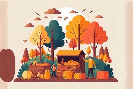 Fresh farm produce is sold by the farmer to the customer. purchaser of locally produced organic food. A harvest of wood in the autumn and little people. Flat colored artwork isolated on whiteの素材