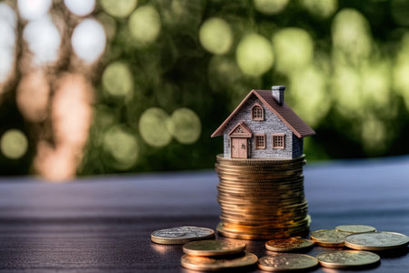 Coins and real estate are held in the backdrop. Saving money when you lend money for a house financial idea of property. a bank with a modest home in the backdrop and a coin stackの素材