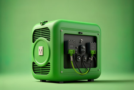 Electric automobile battery charging on a green backdrop. power source for charging electric vehicles.の素材