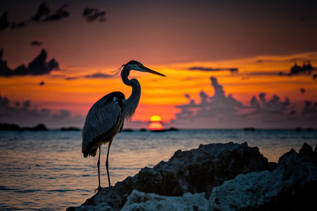 Grey Heron on the prowl against a Maldives sunset backdrop. large bird perched on rocks in a little body of waterの素材