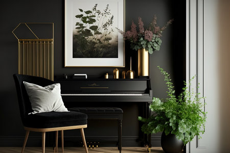 Elegant interior composition of a living room featuring a black piano a mock up poster frame in gold spring flowers a decoration a lamp and chic personal itemsの素材